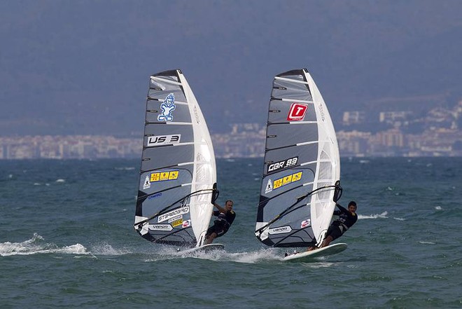 Ross Williams and Kevin Pritchard tune up - 2010 Catalunya – Costa Brava (Spain) PWA Slalom World Cup ©  John Carter / PWA http://www.pwaworldtour.com